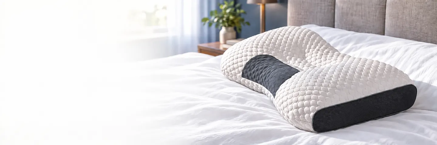 Travesseiro Cervical 3D sobre cama com lençol branco